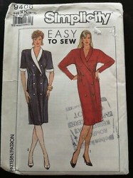 9406 SIMPLICITY 1989 2 BREASTED SHORT - LONG SLEEVE COLLAR BUTTON DRESS PATTERN 16-22 or 8-14 choice uncut